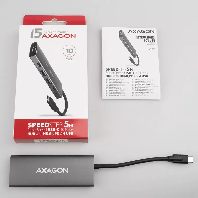 Axagon HMC-5G2 USB 10Gbps šakotuvas, 2x USB-A, 2x USB-C, HDMI 4k/60Hz, PD 100W, USB-C laidas