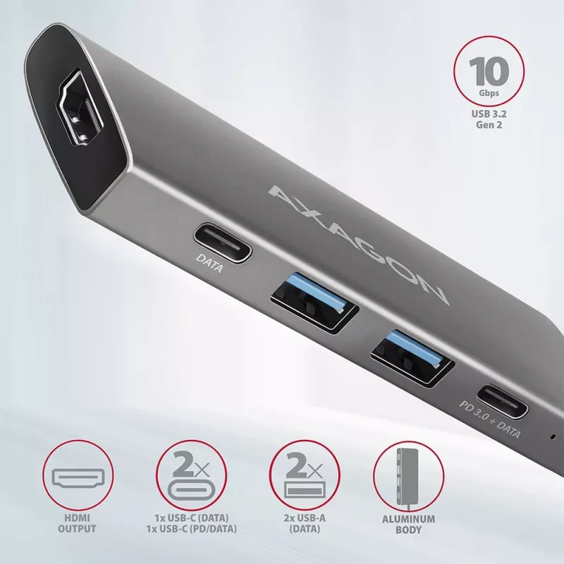 Axagon HMC-5G2 USB 10Gbps šakotuvas, 2x USB-A, 2x USB-C, HDMI 4k/60Hz, PD 100W, USB-C laidas
