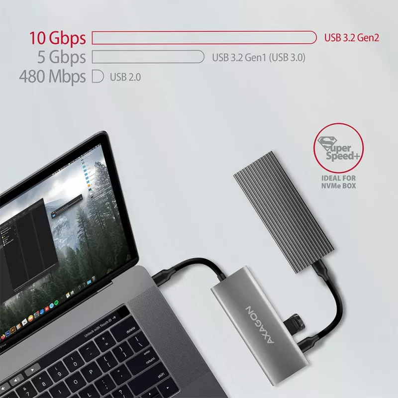 Axagon HMC-5G2 USB 10Gbps šakotuvas, 2x USB-A, 2x USB-C, HDMI 4k/60Hz, PD 100W, USB-C laidas