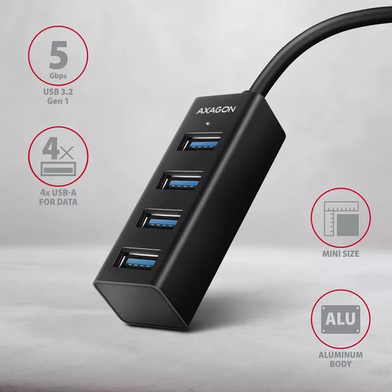 Axagon HUE-M1AL 4x USB 3.2 Gen 1 MINI šakotuvas, metalinis, 1,2 m USB-A laidas