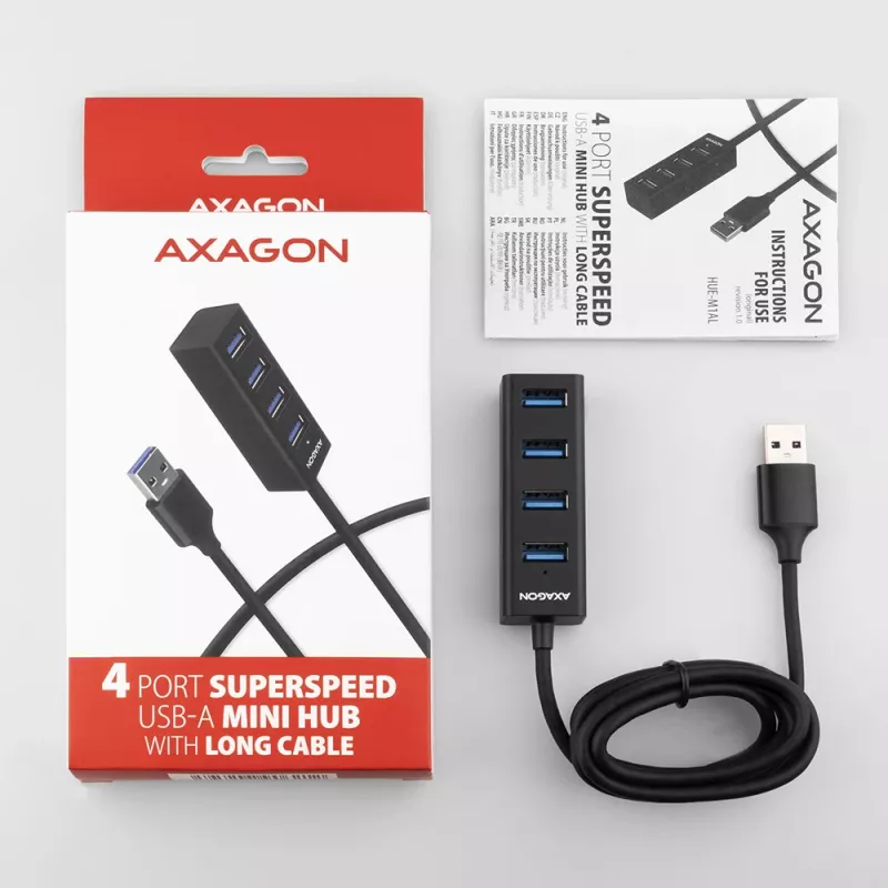 Axagon HUE-M1AL 4x USB 3.2 Gen 1 MINI šakotuvas, metalinis, 1,2 m USB-A laidas