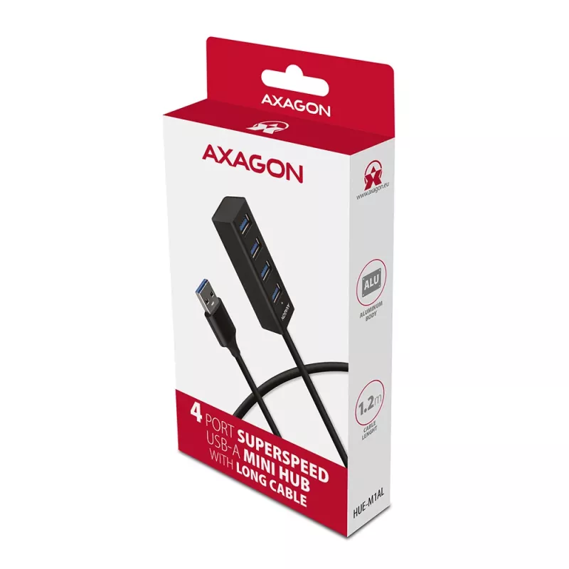 Axagon HUE-M1AL 4x USB 3.2 Gen 1 MINI šakotuvas, metalinis, 1,2 m USB-A laidas