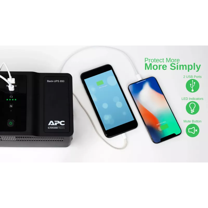 APC Back-UPS BE850G2-GR - Nepertraukiamo maitinimo šaltinis 8 lizdai, 850VA, 2 USB įkrovimo prievadai, 1 USB duomenų prievadas