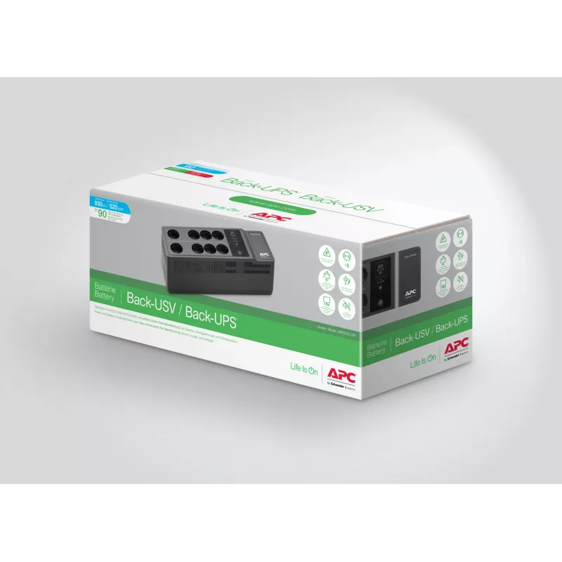 APC Back-UPS BE850G2-GR - Nepertraukiamo maitinimo šaltinis 8 lizdai, 850VA, 2 USB įkrovimo prievadai, 1 USB duomenų prievadas