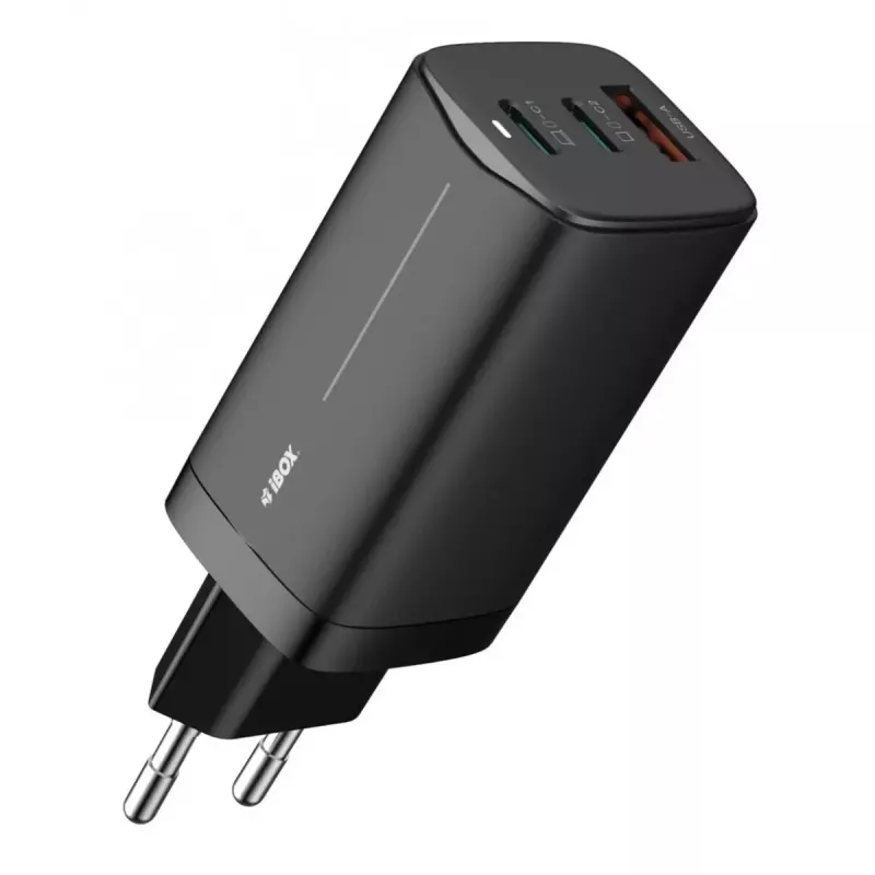 Mobiliojo įrenginio greitasis kroviklis IBOX ILUC65B — 65 W, 3x USB (2x USB-A Gen1, 1x USB-C), juodas, 100–240 V