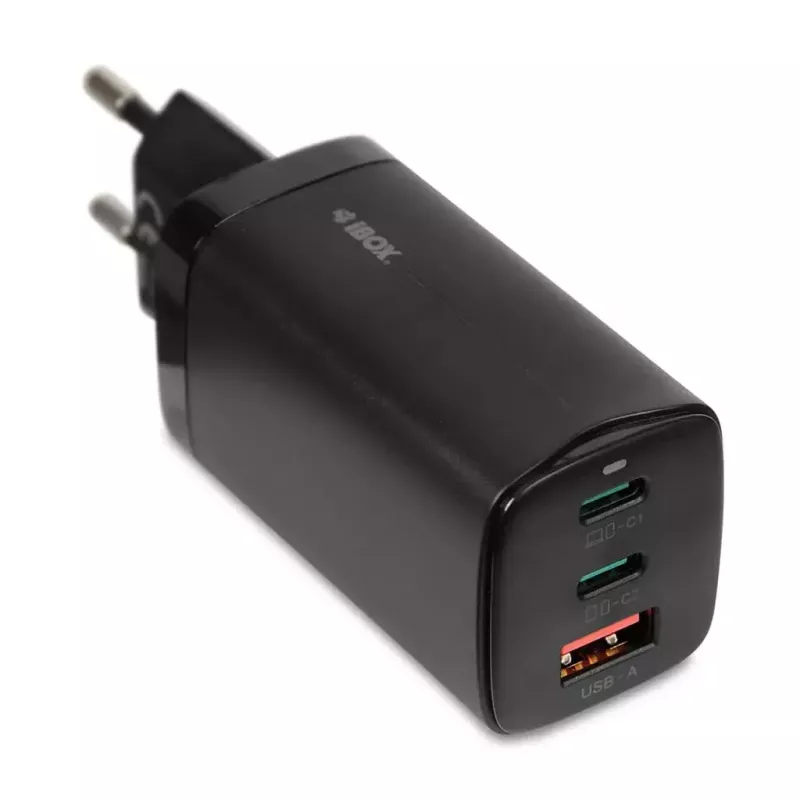 Mobiliojo įrenginio greitasis kroviklis IBOX ILUC65B — 65 W, 3x USB (2x USB-A Gen1, 1x USB-C), juodas, 100–240 V