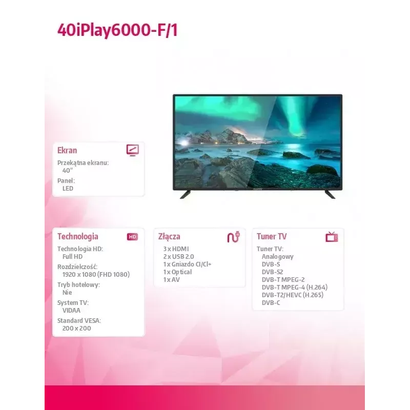 LED televizorius Allview 40iPlay6000-F/1 40 colių (101 cm) FHD, VIDAA, Wi‑Fi, HDMI, USB, juodas