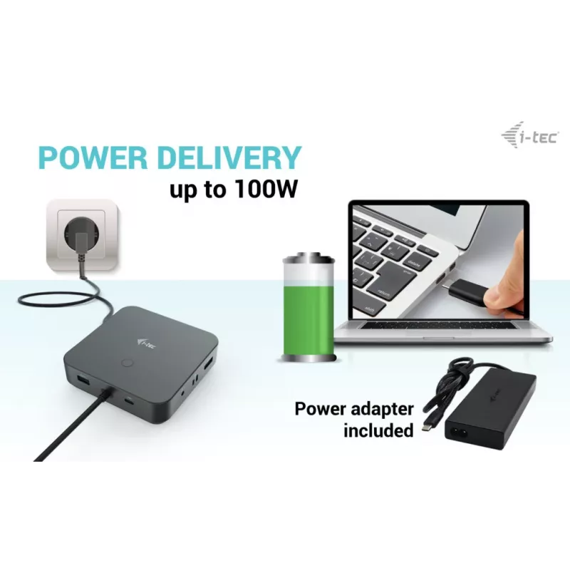 i-tec USB-C HDMI Dual DP dokų stotelė su Power Delivery 100 W ir universaliu 100 W įkrovikliu