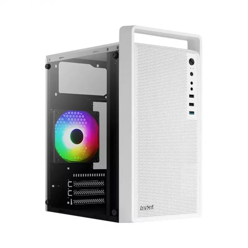 Kompiuterio korpusas AEROCOOL PGS CS-109-G-WT-v1 Mini Tower SPCC baltas – microATX, iki 26 cm GPU, FRGB, tinklinis priekis