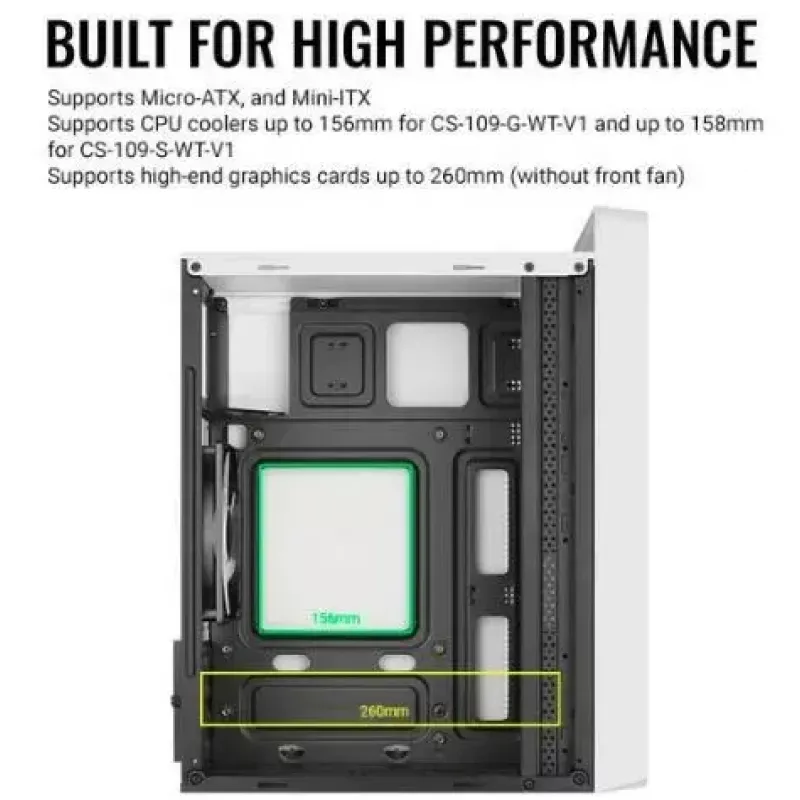 Kompiuterio korpusas AEROCOOL PGS CS-109-G-WT-v1 Mini Tower SPCC baltas – microATX, iki 26 cm GPU, FRGB, tinklinis priekis