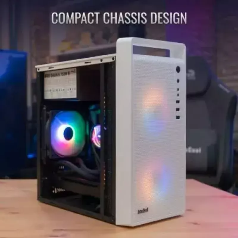 Kompiuterio korpusas AEROCOOL PGS CS-109-G-WT-v1 Mini Tower SPCC baltas – microATX, iki 26 cm GPU, FRGB, tinklinis priekis