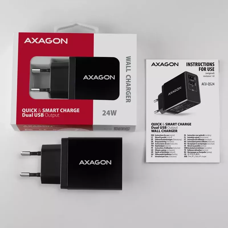 Sieninis USB įkroviklis AXAGON ACU-QS24, 2x USB (QC3.0/AFC/FCP + 5V/1,2A), 24W