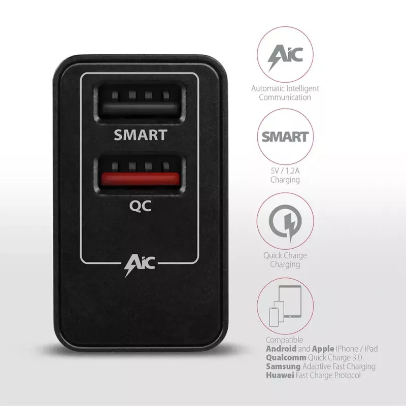 Sieninis USB įkroviklis AXAGON ACU-QS24, 2x USB (QC3.0/AFC/FCP + 5V/1,2A), 24W
