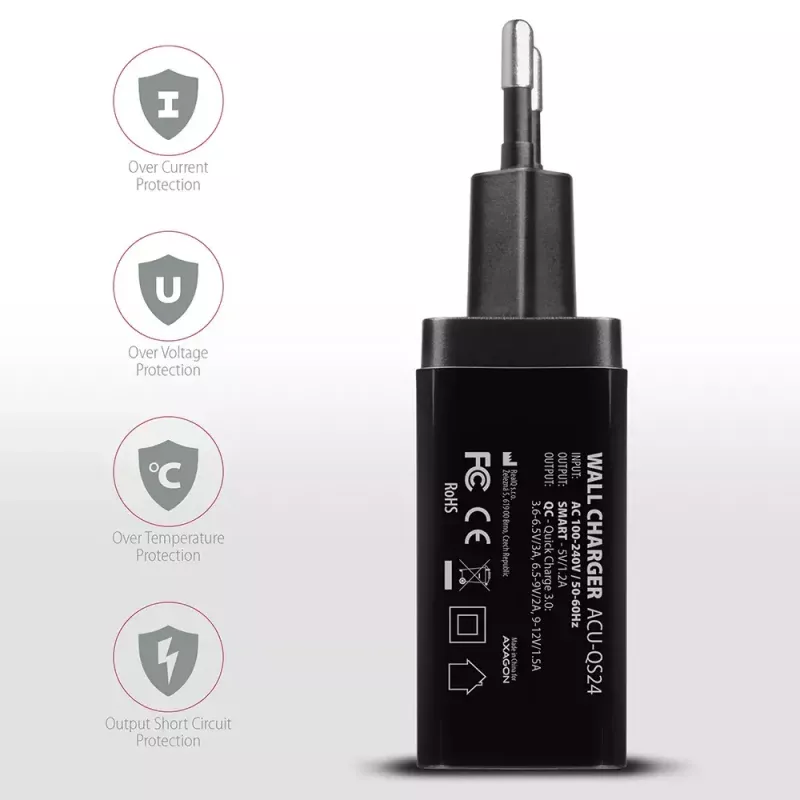 Sieninis USB įkroviklis AXAGON ACU-QS24, 2x USB (QC3.0/AFC/FCP + 5V/1,2A), 24W