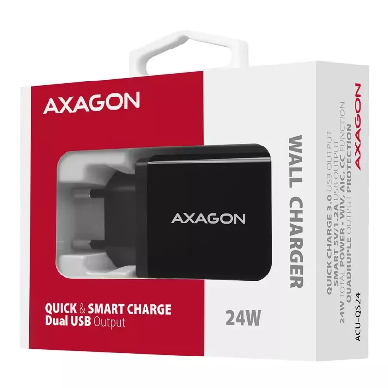 Sieninis USB įkroviklis AXAGON ACU-QS24, 2x USB (QC3.0/AFC/FCP + 5V/1,2A), 24W