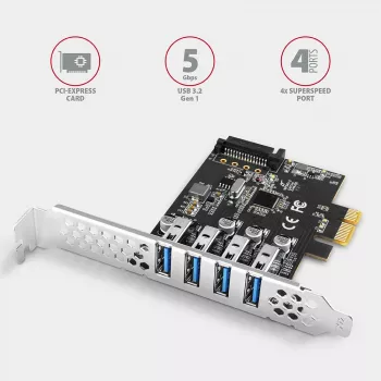„Axagon PCEU-43RS“ PCIe kortelė – 4x USB 5 Gbps prievadai, dvigubas maitinimas, „Renesas PD720201“, standartinis ir žemo profilio laikikliai