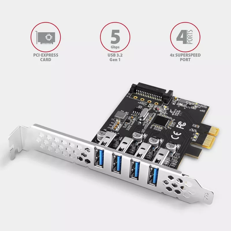 „Axagon PCEU-43RS“ PCIe kortelė – 4x USB 5 Gbps prievadai, dvigubas maitinimas, „Renesas PD720201“, standartinis ir žemo profilio laikikliai