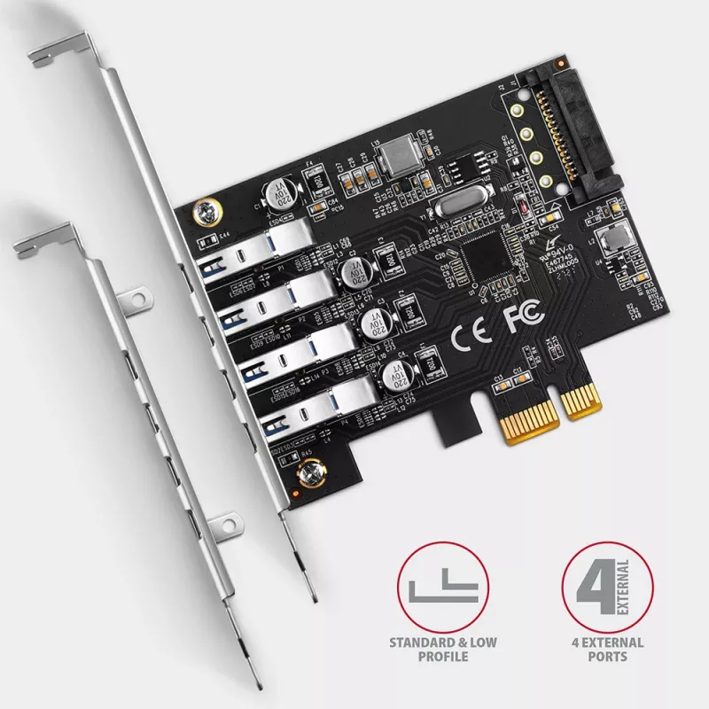 „Axagon PCEU-43RS“ PCIe kortelė – 4x USB 5 Gbps prievadai, dvigubas maitinimas, „Renesas PD720201“, standartinis ir žemo profilio laikikliai