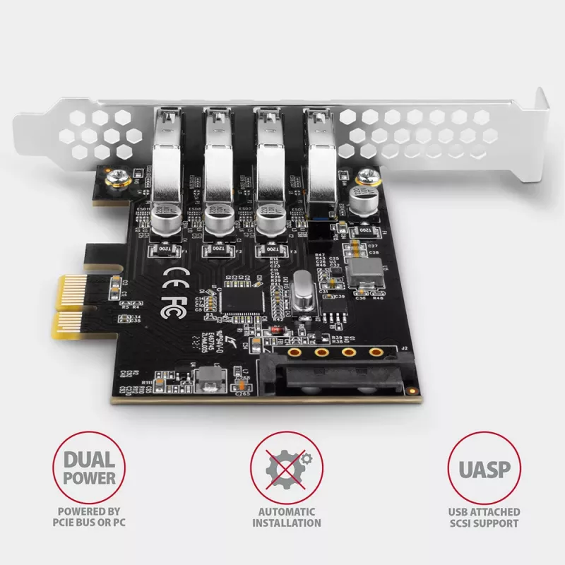 „Axagon PCEU-43RS“ PCIe kortelė – 4x USB 5 Gbps prievadai, dvigubas maitinimas, „Renesas PD720201“, standartinis ir žemo profilio laikikliai