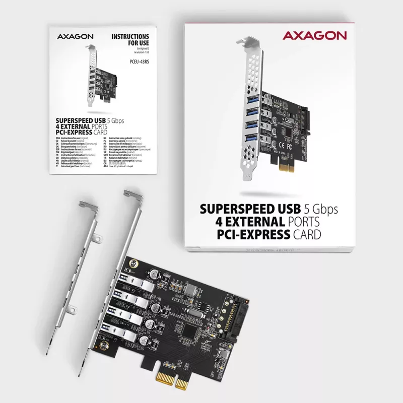 „Axagon PCEU-43RS“ PCIe kortelė – 4x USB 5 Gbps prievadai, dvigubas maitinimas, „Renesas PD720201“, standartinis ir žemo profilio laikikliai