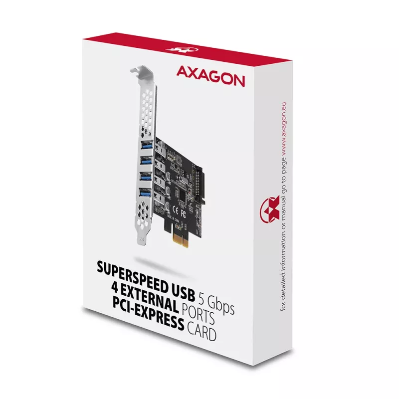 „Axagon PCEU-43RS“ PCIe kortelė – 4x USB 5 Gbps prievadai, dvigubas maitinimas, „Renesas PD720201“, standartinis ir žemo profilio laikikliai