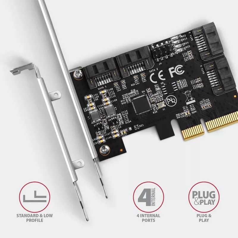 Axagon PCES-SA4X4 PCIe valdiklis – 4 vidiniai SATA 6G prievadai, ASM1164, SP & LP