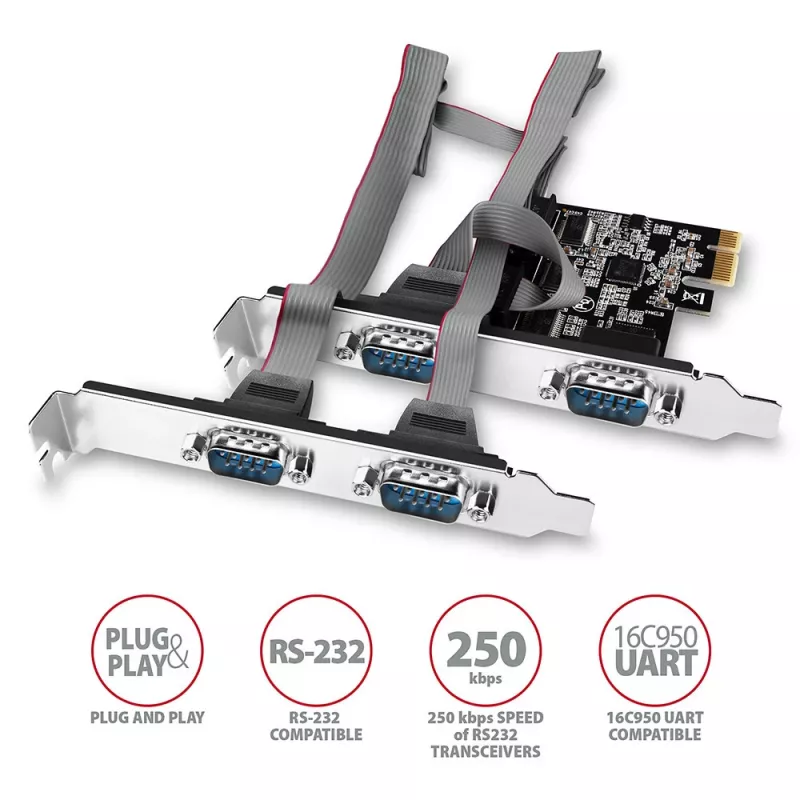 Axagon PCEA-S4N PCIe plokštė – 4 RS-232 prievadai iki 250 kBd su SP ir LP laikikliais
