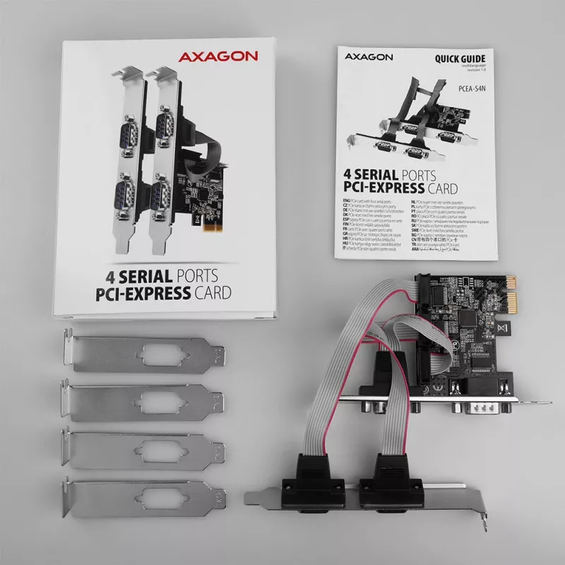 Axagon PCEA-S4N PCIe plokštė – 4 RS-232 prievadai iki 250 kBd su SP ir LP laikikliais