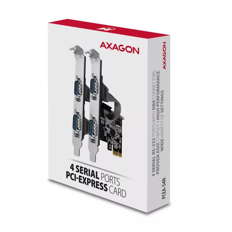 Axagon PCEA-S4N PCIe plokštė – 4 RS-232 prievadai iki 250 kBd su SP ir LP laikikliais