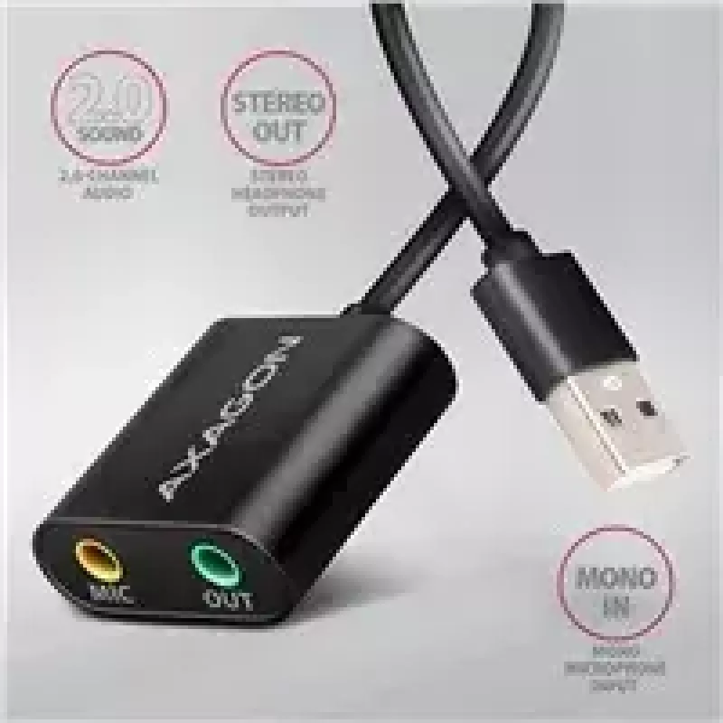 Išorinis USB garso adapteris AXAGON ADA-12 su 1x 3,5 mm lizdu ausinėms ir mikrofonui