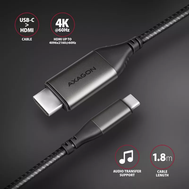 Axagon RVC-HI2MC USB-C į HDMI 2.0a laidas 1,8 m, 4K/60Hz HDR10