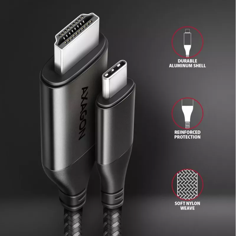 Axagon RVC-HI2MC USB-C į HDMI 2.0a laidas 1,8 m, 4K/60Hz HDR10