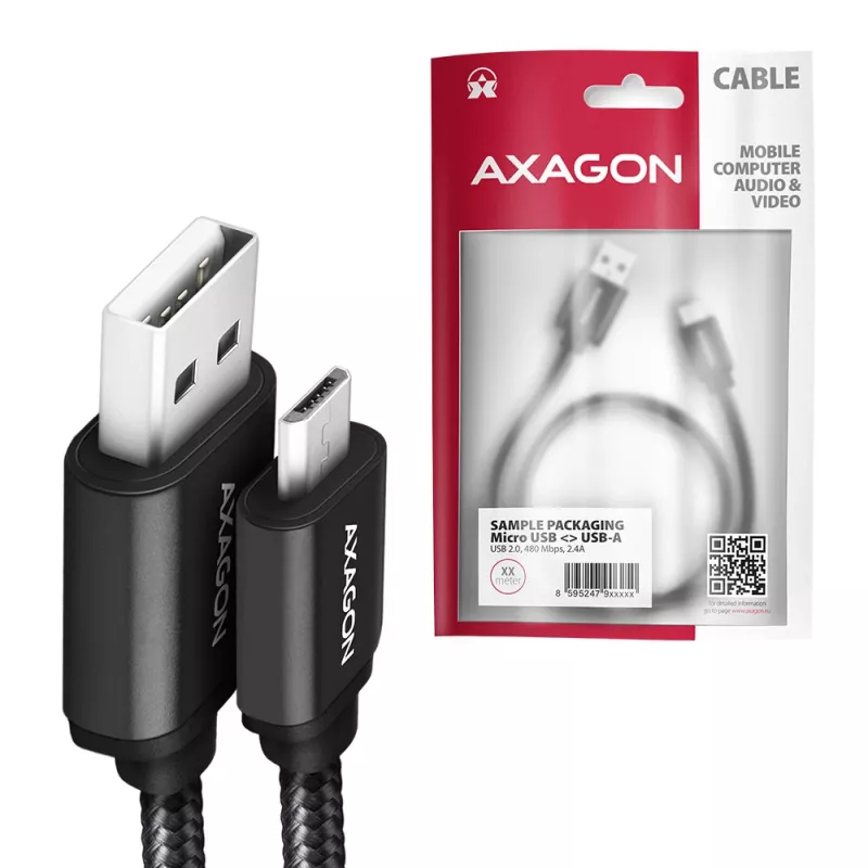 Axagon BUMM-AM10AB HQ laidas Micro USB <-> USB-A, 1m, USB 2.0, 2.4A, ALU, pintas, juodas