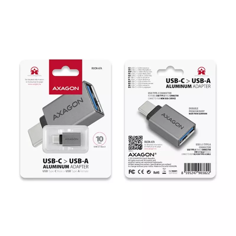 Adapteris Axagon RUCM-AFA USB-C (kištukas) -> USB-A (lizdas), USB 3.2 Gen 2, 3A, ALU