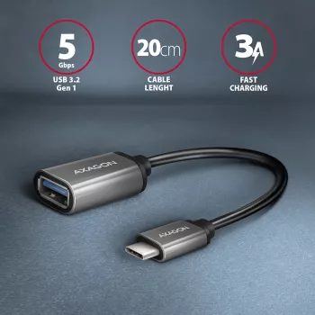 Axagon RUCM-AFAC laidas adapteris USB-C (kištukas) → USB-A (lizdas), 20 cm, USB 3.2 Gen 1, 3A, ALU