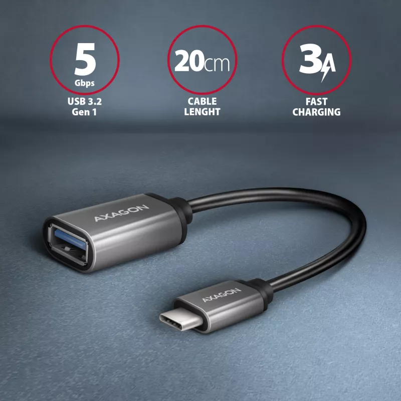 Axagon RUCM-AFAC laidas adapteris USB-C (kištukas) → USB-A (lizdas), 20 cm, USB 3.2 Gen 1, 3A, ALU