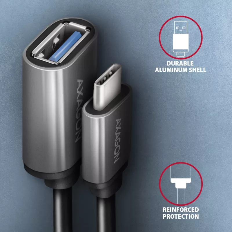 Axagon RUCM-AFAC laidas adapteris USB-C (kištukas) → USB-A (lizdas), 20 cm, USB 3.2 Gen 1, 3A, ALU