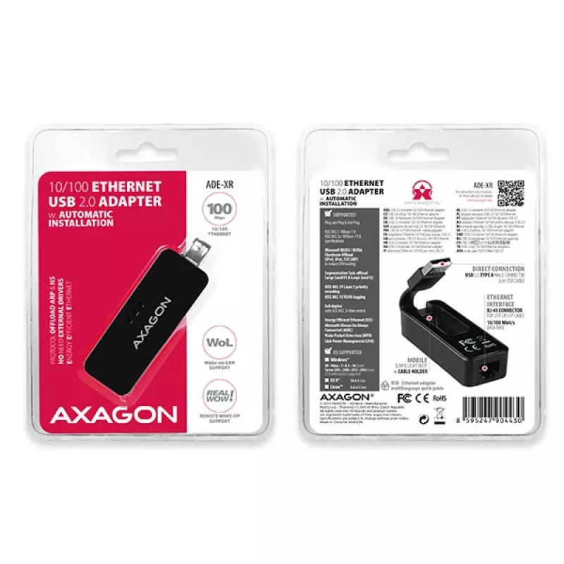 AXAGON ADE-XR USB 2.0 Type-A greitas Ethernet 10/100 adapteris, juodas, 0,023 kg