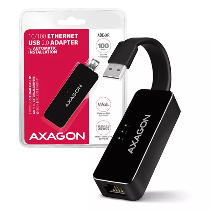 AXAGON ADE-XR USB 2.0 Type-A greitas Ethernet 10/100 adapteris, juodas, 0,023 kg
