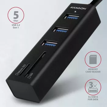 USB 3.2 Gen 1 metalinis daugiafunkcis stotelinis įrenginys su 3 USB prievadais ir kortelių skaitytuvu Axagon HMA-CR3A