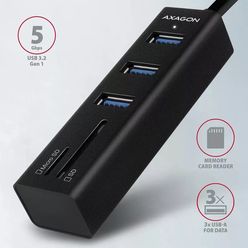 USB 3.2 Gen 1 metalinis daugiafunkcis stotelinis įrenginys su 3 USB prievadais ir kortelių skaitytuvu Axagon HMA-CR3A