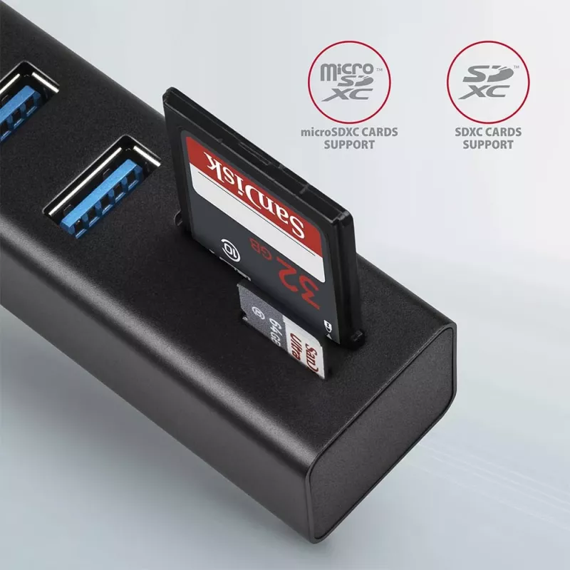 USB 3.2 Gen 1 metalinis daugiafunkcis stotelinis įrenginys su 3 USB prievadais ir kortelių skaitytuvu Axagon HMA-CR3A