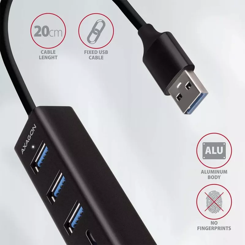 USB 3.2 Gen 1 metalinis daugiafunkcis stotelinis įrenginys su 3 USB prievadais ir kortelių skaitytuvu Axagon HMA-CR3A