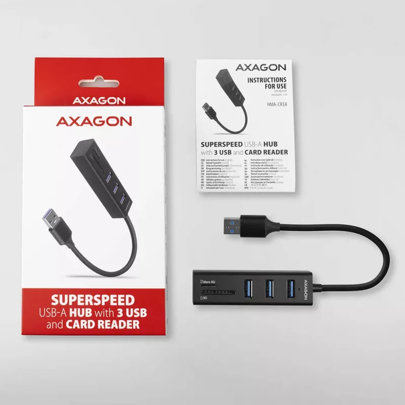 USB 3.2 Gen 1 metalinis daugiafunkcis stotelinis įrenginys su 3 USB prievadais ir kortelių skaitytuvu Axagon HMA-CR3A
