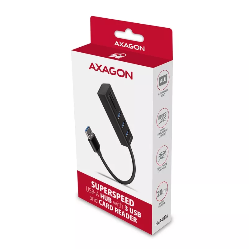 USB 3.2 Gen 1 metalinis daugiafunkcis stotelinis įrenginys su 3 USB prievadais ir kortelių skaitytuvu Axagon HMA-CR3A