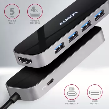 Axagon HMC-6H4A USB 3.2 Gen 1 centras, 4x USB-A, HDMI 4K/30Hz, PD 100W, 20cm USB-C laidas