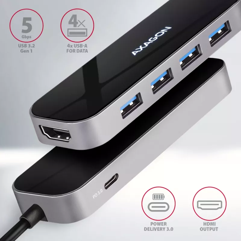 Axagon HMC-6H4A USB 3.2 Gen 1 centras, 4x USB-A, HDMI 4K/30Hz, PD 100W, 20cm USB-C laidas