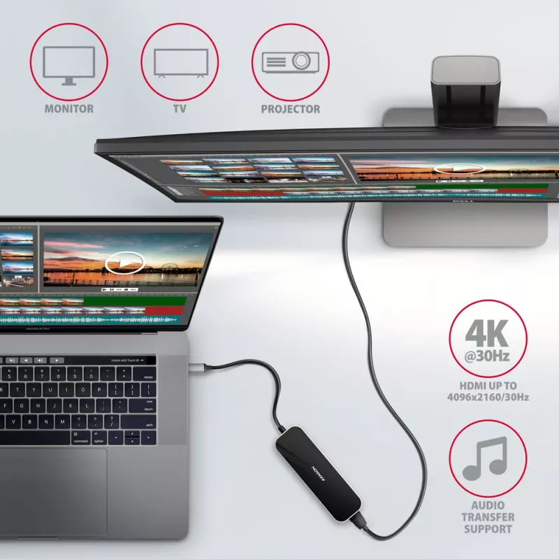Axagon HMC-6H4A USB 3.2 Gen 1 centras, 4x USB-A, HDMI 4K/30Hz, PD 100W, 20cm USB-C laidas
