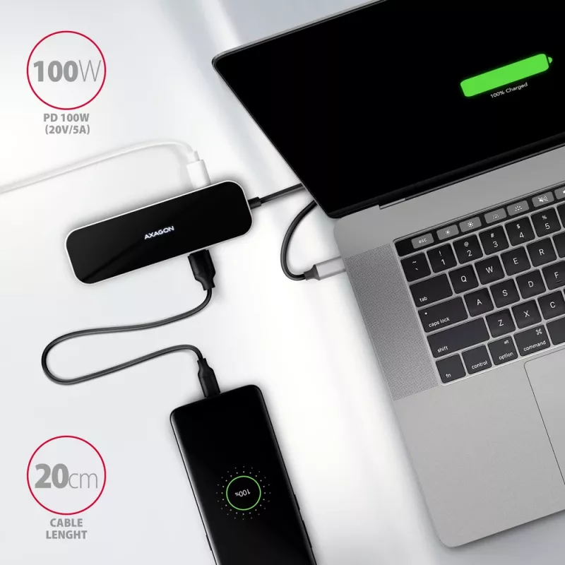 Axagon HMC-6H4A USB 3.2 Gen 1 centras, 4x USB-A, HDMI 4K/30Hz, PD 100W, 20cm USB-C laidas