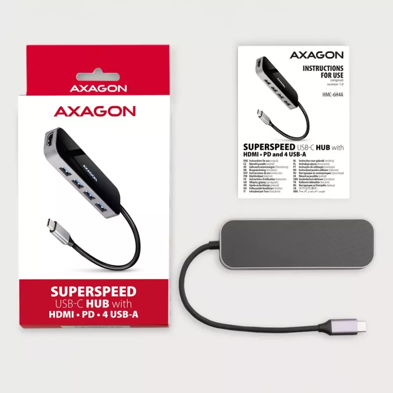 Axagon HMC-6H4A USB 3.2 Gen 1 centras, 4x USB-A, HDMI 4K/30Hz, PD 100W, 20cm USB-C laidas